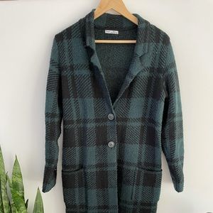 Green and black long plaid sweater